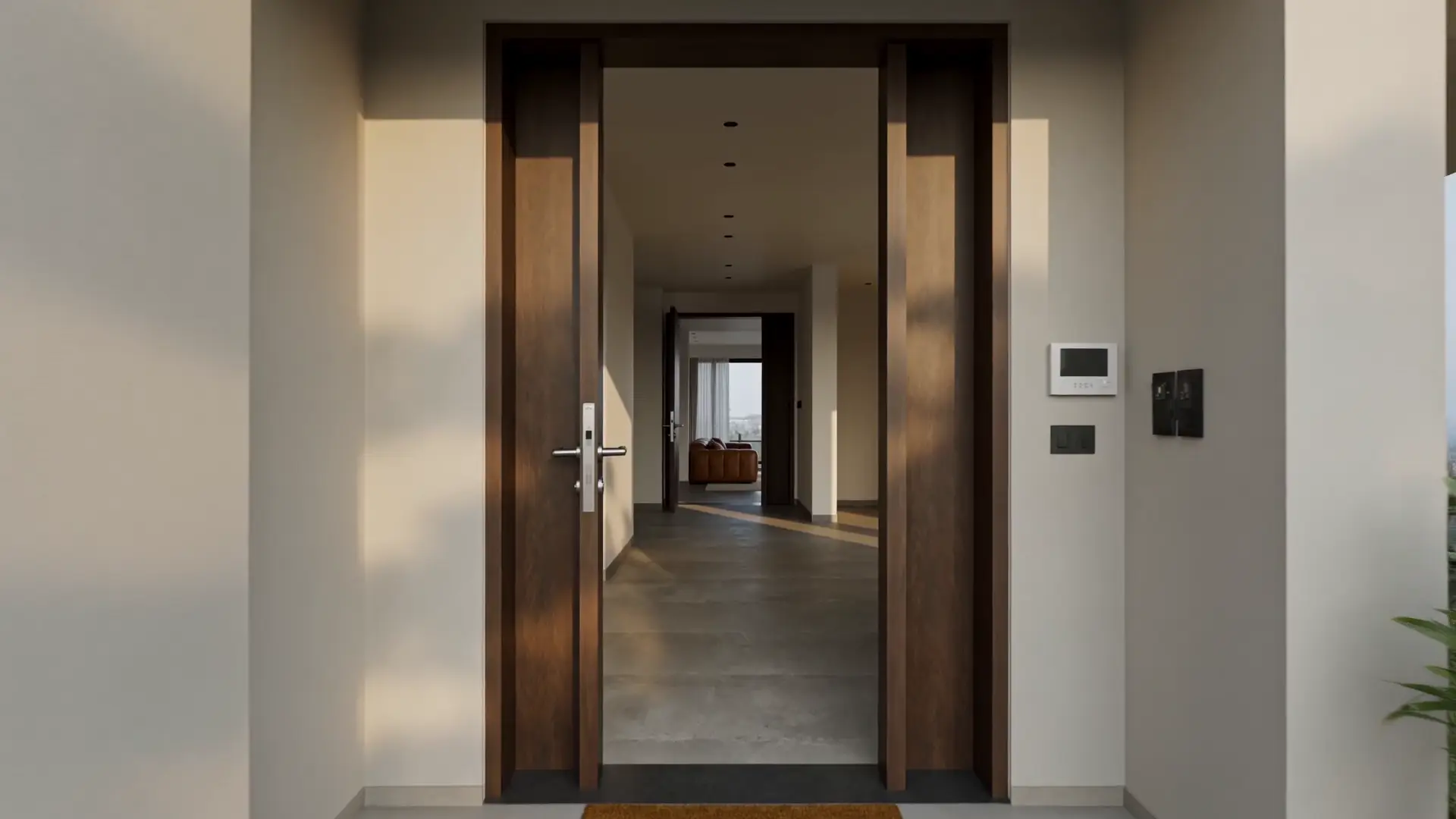The timber-lined foyer of a contemporary Indian apartment