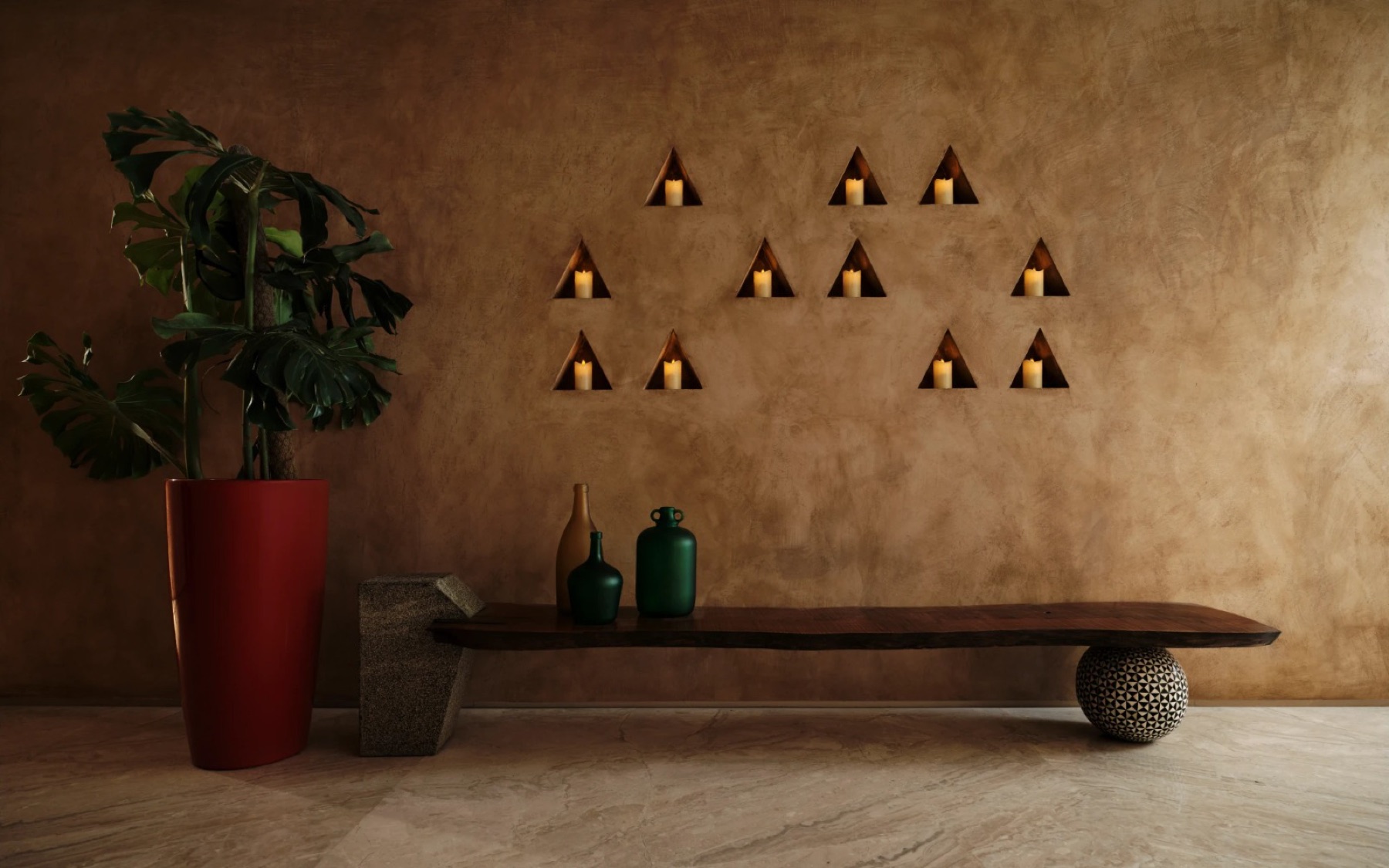 A textured wall and bench detail